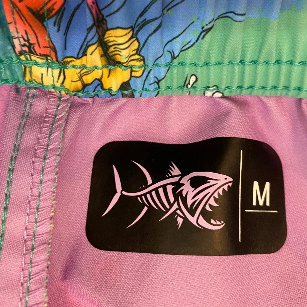 Psycho Tuna Mens Teal Tropical Surfing Skeleton Floral Swim Trunks Shorts Size M